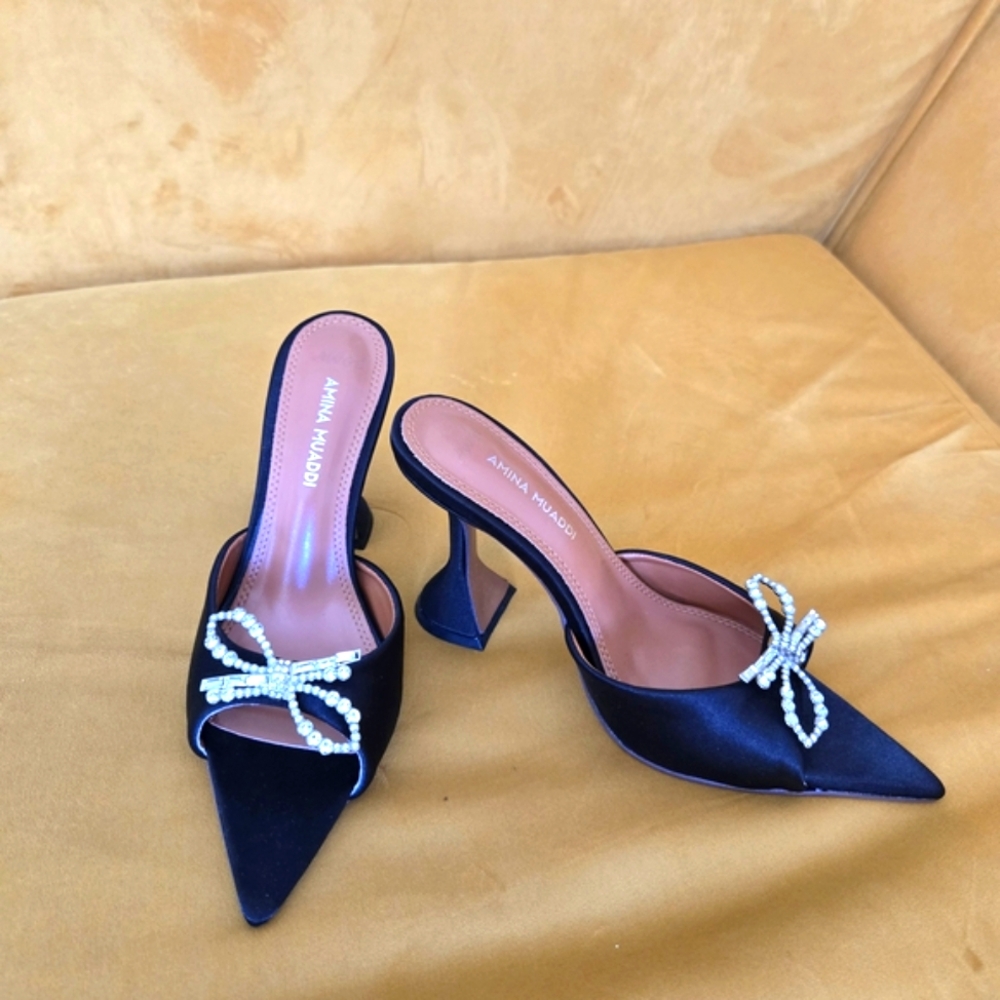 Amina Muaddi Black Heels with Crystal Embellishment